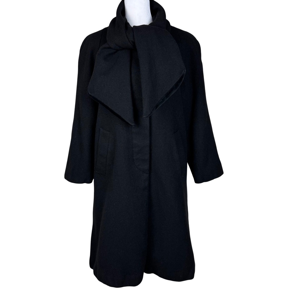 Vintage 80s 90s‎ Casual Corner Petite Black Wool Coat Scarf Collar Made in USA